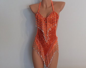 ORANGE Sequin LEOTARD-Beads-Size S/M-Samba Costumes Carnival Show Girl Las Vegas-Cabaret-Burning Man-Pride Parade-Brazil-Carneval-Z-Leo10-Or