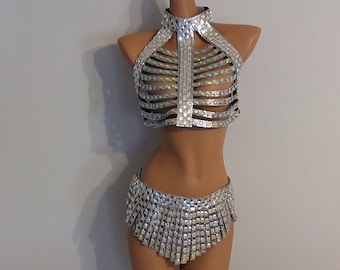 Silver Mirror SKIRT+Top- Samba Carnival Show Girl-Sci-Fi-Rave-Las Vegas-Cabaret-Burning Man-Pride Parade-Brazil-Lady GaGa- KS-MIR-T+Sk