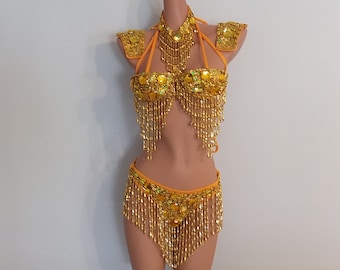 GOLD Sequin BIKINI-5 Piece Set Beads-Samba Costumes Carnival Show Girl Las Vegas-Cabaret-Burning Man