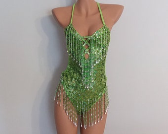 Leotardo verde lima con lentejuelas - Talla S/M - Disfraces de samba, carnaval, espectáculos de Las Vegas, cabaret, Burning Man