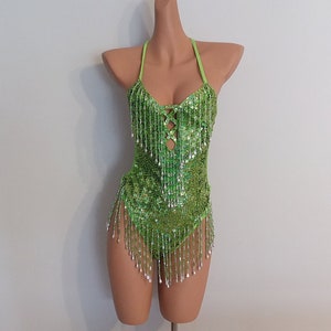 Lime GREEN Sequin LEOTARD-Size S/M-Samba Costumes Carnival Show Girl Las Vegas-Cabaret-Burning Man-Pride Parade-Brazil-Carneval-Z-Leo10-LG