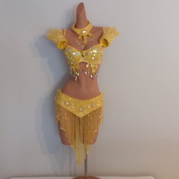 YELLOW Beads Skirt+Top-Samba Costumes Carnival Show Girl-Vegas-Cabaret-Burning Man-Pride Parade-Mardi Gras-Brazil-Carneval-BM-Bead1-Ye