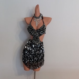 BLACK Sequin Fringe Dress-Samba Costumes Carnival Show Girl Las Vegas-Burlesque-Cabaret Pride Parade festival School ball Brazil-WS-D3-B