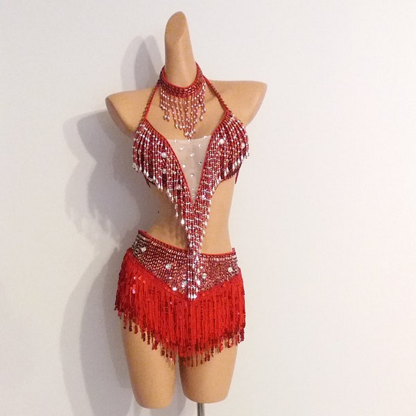 RED Sequin Fringe Dress-Samba Costumes Carnival Show Girl Las Vegas Notting Hill Pride Gay Parade festival School ball Brazil-WS-D2-Red