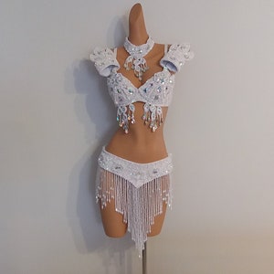 WHITE Beads Skirt+Top-Samba Costumes Carnival Show Girl-Vegas-Cabaret-Burning Man-Pride Parade-Mardi Gras-Brazil-Carneval-BM-Bead1-Wh