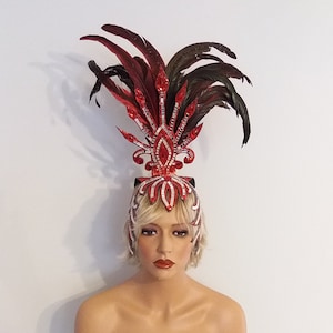 RED Mirror/Feather Headpiece-Headdress-Samba Costumes Carnival-Mardi Gras-Show Girl-Rio- Las Vegas Rave Gay Brazilian Carnaval-KS-HD1-Re