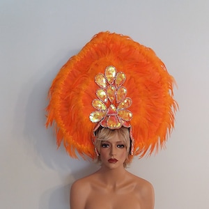 ORANGE Feather Headpiece-Headdress-Samba Costumes Carnival-Mardi Gras-Show Girl Las Vegas Rave Burning Man Gay Brazilian Carnaval-BM-HD8-O
