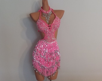 Baby PINK Sequin Fringe Dress-Samba Costumes Carnival Show Girl Las Vegas-Burlesque-Cabaret Pride Parade festival School ball Brazil-WS-D3-