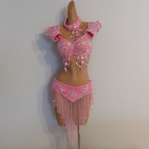 Baby PINK Beads Skirt+Top-Samba Costumes Carnival Show Girl-Vegas-Cabaret-Burning Man-Pride Parade-Mardi Gras-Brazil-Carneval-BM-Bead1-Bp