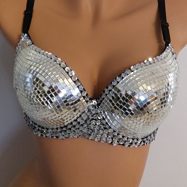 Soutien-gorge miroir argenté, costumes de samba, spectacle de carnaval, fille de rave, Las Vegas, cabaret, Burning Man, parade de la fierté, Brésil, Lady GaGa, KS-MIR-Bra1