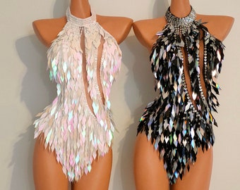 WHITE Crystal Sequin Beads Leotard-Samba Costumes Carnival Show Girl Las Vegas Notting Hill Pride Gay Parade festival School Brazil-White
