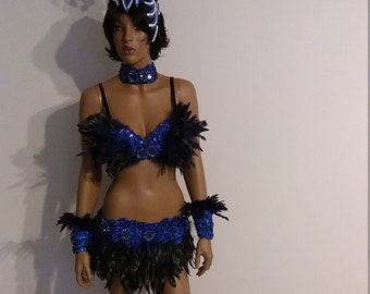 Bikini azul con lentejuelas y plumas: Traje de samba, atuendo de carnaval (Talla S/M)