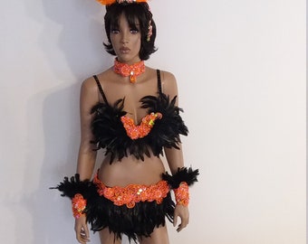 Bikini naranja/negro de 86 cm (34 pulgadas) - Tallas S, M y L - Falda de plumas - Disfraces de samba, carnaval, espectáculos de Las Vegas, cabaret, Burning Man