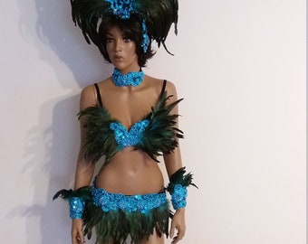 Turquoise Feather BIKINI-32 inch Skirt-Samba Costumes Carnival Show Girl Las Vegas-Cabaret-Burning Man