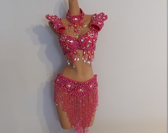 Falda y top de cuentas rosa fucsia - Disfraces de samba - Chica de carnaval - Las Vegas - Cabaret - Burning Man - Desfile del Orgullo