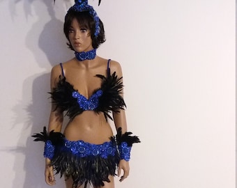 Bikini azul/negro de 91 cm (36 pulgadas) - Tallas S, L/XL - Falda de plumas - Disfraces de samba, carnaval, showgirl, Las Vegas, cabaret