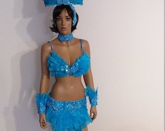 Turquoise BIKINI-34 inch Sz. M/L Feather Skirt-Samba Costumes Carnival Show Girl Las Vegas-Cabaret-Burning Man