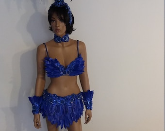 Bikini azul marino de 91 cm (36 pulgadas) - Tallas S, L/XL - Falda de plumas - Disfraces de samba, estilo carnaval, para bailarinas de Las Vegas y cabaret.