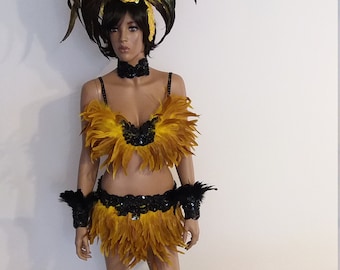 Bikini negro/dorado - Falda de plumas de 86 cm - Disfraces de samba, espectáculo de carnaval, Las Vegas - Cabaret