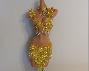 GOLD Beads Skirt+Top-Samba Costumes Carnival Show Girl-Vegas-Cabaret-Burning Man-Rio-Pride Parade-Mardi Gras-Brazil-Carneval-BM-Bead1-Go