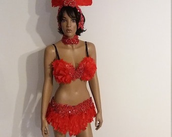 Bikini rojo de 81 cm con plumas, talla S/M. Falda estilo samba, ideal para carnaval, espectáculos, Las Vegas, cabaret y Burning Man.