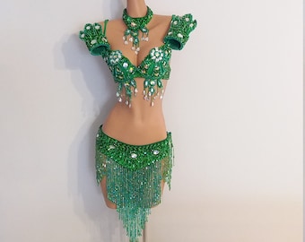 GREEN Beads Skirt+Top Samba Costumes Carnival Show Girl Vegas Cabaret Burning Man Rio