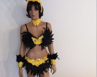 Bikini amarillo/negro de 34 pulgadas, talla M/L, falda de plumas, disfraces de samba, carnaval, showgirl, Las Vegas, cabaret.