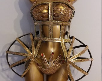 CRYSTAL GOLD Cage CORSET De Luxe Outfit-Sci Fi-Samba Costumes Carnival-Mardi Gras-Show Girl Vegas-Lady GaGa-Burning Man Brazilian Carnival