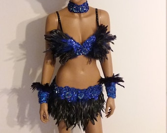 Blue Feather BIKINI-34 inch Skirt-Samba Costumes Carnival Show Girl Las Vegas-Cabaret-Burning Man