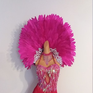 May include: A red fringe dress with a pink feather boa and a sequined top. The top has a heart-shaped cutout and a silver beaded necklace.