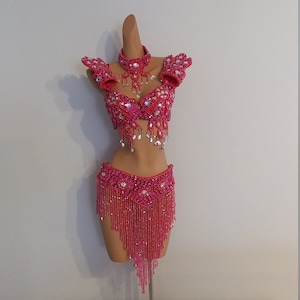 HOT PINK Beads Skirt+Top-Samba Costumes Carnival Show Girl-Vegas-Cabaret-Burning Man-Pride Parade-Mardi Gras-Brazil-Carneval-BM-Bead1-Hp