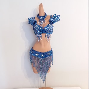Royal BLUE Beads Skirt+Top-Samba Costumes Carnival Show Girl-Vegas-Cabaret-Burning Man-Pride Parade-Mardi Gras-Brazil-Carneval-BM-Bead1-Bl