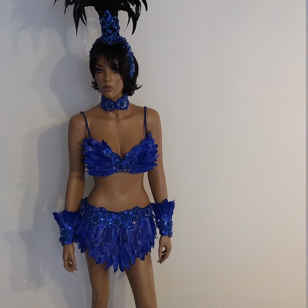 Royal Blue BIKINI-36 inch-S. L/XL-Feather Skirt-Samba Costumes Carnival Show Girl Las Vegas-Cabaret-Burning Man-Pride-Carneval-BM-Fb-36-Blue