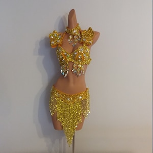 GOLD Beads Skirt+Top-Samba Costumes Carnival Show Girl-Vegas-Cabaret-Burning Man-Rio-Pride Parade-Mardi Gras-Brazil-Carneval-BM-Bead1-Go
