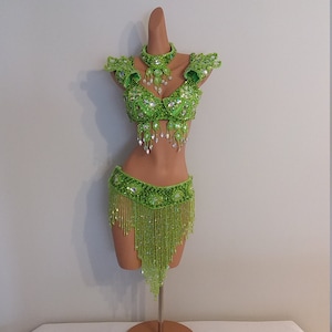 Lime GREEN Beads Skirt+Top-Samba Costumes Carnival Show Girl-Vegas-Cabaret-Burning Man-Pride Parade-Mardi Gras-Brazil-Carneval-BM-Bead1-Lg