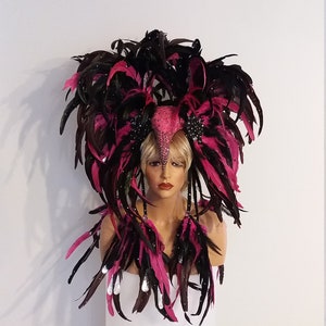 PINK/BLACK &quot;MaYa&quot; Feather Headpiece-Headdress Samba Costumes Carnival-Mardi Gras-Show Girl-Cabaret-Vegas Rave Drag Brazilian-KS-Maya-Pi.Bl