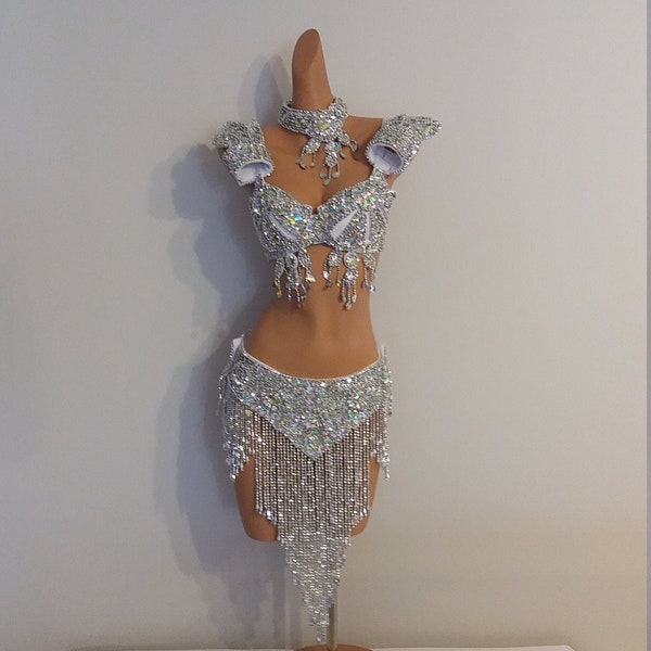 SILVER Beads Skirt+Top-Samba Costumes Carnival Show Girl-Vegas-Cabaret-Burning Man-Pride Parade-Mardi Gras-Brazil-Carneval-BM-Bead1-Si