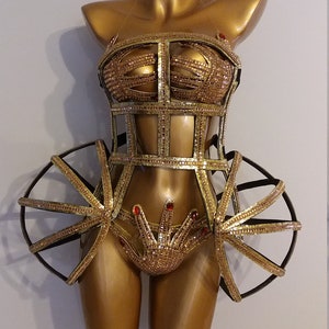 CRYSTAL GOLD Cage CORSET De Luxe Outfit-Sci Fi-Samba Costumes Carnival-Mardi Gras-Show Girl Vegas-Lady GaGa-Burning Man Brazilian Carnival