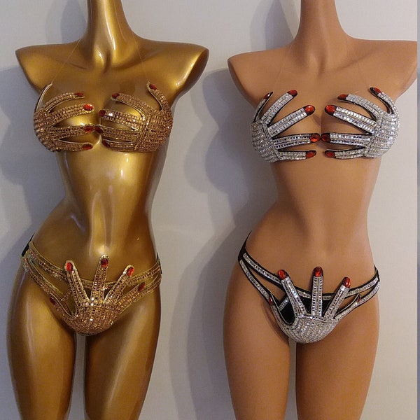 CRYSTAL Silver "Hands Off" BIKINI Outfit-Sci Fi-Costumes Carnival-Mardi Gras-Show Girl Vegas-Lady GaGa-Burning Man Brazilian Carnaval-KS-CB1