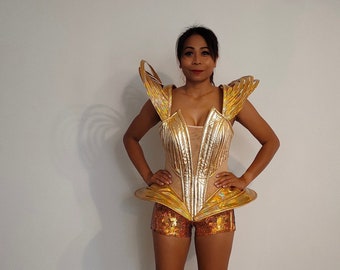 GOLD CORSET Cage Outfit-Sci Fi-Samba Costumes Carnival-Mardi Gras-Show Girl Las Vegas-Lady GaGa-Burning Man Brazilian Carnaval-KS-C1-Go