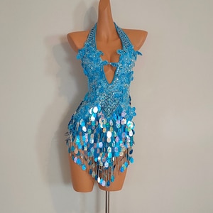 TURQUOISE Sequin Beads Dress- Samba Costumes Carnival Show Girl Las Vegas Notting Hill Pride Gay Parade festival School Brazil-KS-D1-Tu