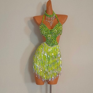 LIME GREEN Sequin Fringe Dress-Samba Costumes Carnival Show Girl Las Vegas-Burlesque-Cabaret Pride Parade festival School ball Brazil-WS-D3-