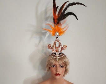 Tocado de plumas y espejos naranjas - Tocado para disfraces de samba, carnaval, Mardi Gras, bailarina de espectáculos, Río, Las Vegas, cabaret.