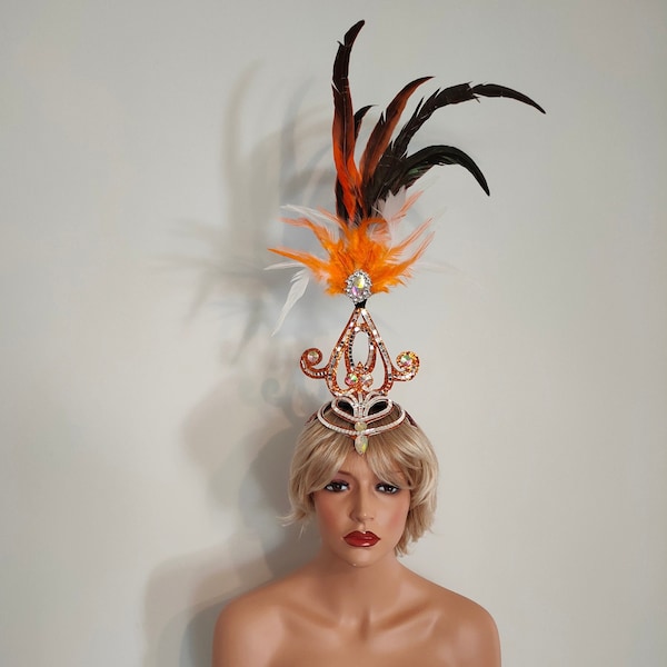 ORANGE miroir plumes coiffe-coiffe costumes de samba carnaval-mardi gras-spectacle fille-Rio-Las Vegas-cabaret-carnaval brésilien-KS-SMH3-or