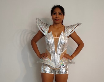 SILVER CORSET Cage Outfit-Sci Fi-Samba Costumes Carnival-Mardi Gras-Show Girl Las Vegas-Lady GaGa-Burning Man Brazilian Carnaval-KS-C1-Si