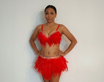 Red Feather Samba Bikini Set: Carnival Costume, Showgirl Outfit (32-Inch Skirt)