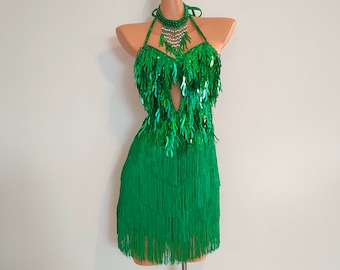 Green Fringe Sequin Samba Dress With Beads Choker, Open Back - Etsy