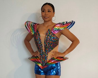 RAINBOW CORSET Cage Outfit-Sci Fi-Samba Costumes Carnival-Mardi Gras-Show Girl Las Vegas-Lady GaGa-Burning Man Brazilian Carnaval-KS-C1