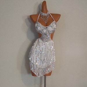 WHITE Sequin Fringe Dress Samba Costumes Carnival Show Girl Las Vegas-Burlesque Cabaret