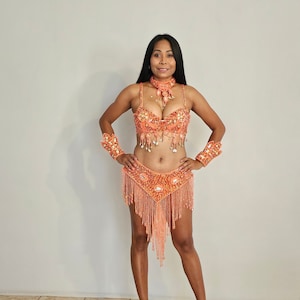 S/M/L/XL ORANGE Beads Skirt+Top-Samba Costumes Carnival Show Girl-Vegas-Cabaret-Burning Man-Pride Parade-Mardi Gras-Brazil-Carneval-BM-Bead1